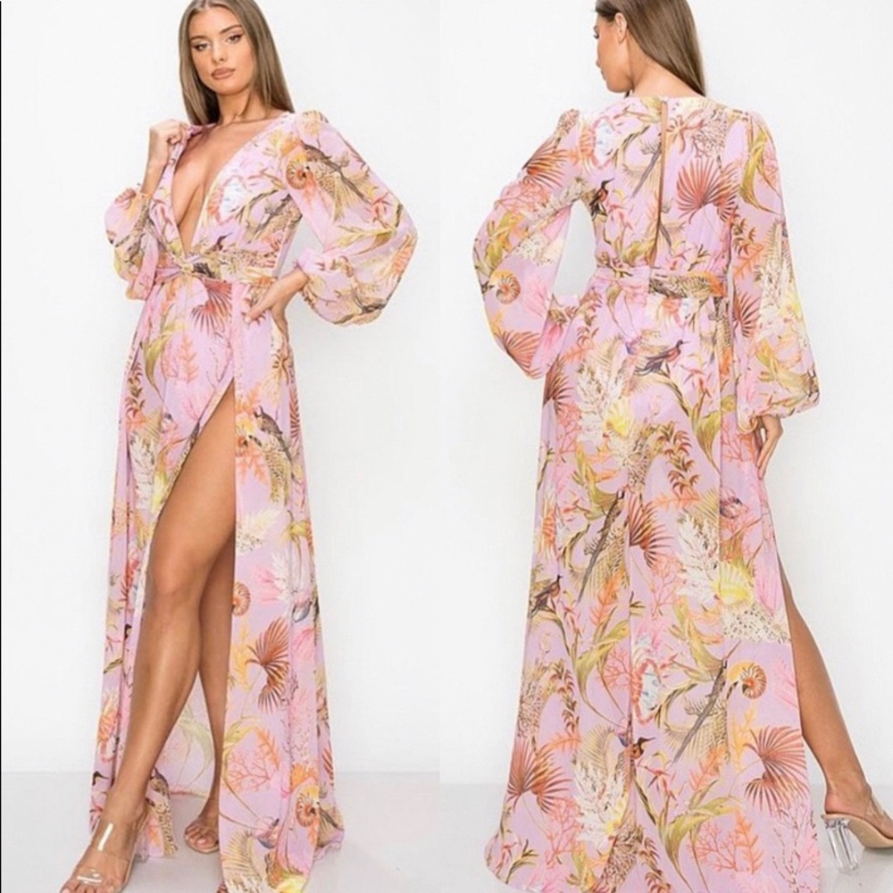 NWT $150 Floral Split Maxi Long Sleeve Dress Coverup